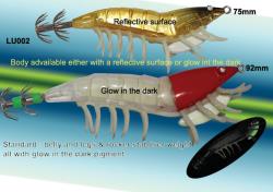 Osprey jumping prawn squid jigs. Squid jigs with glow in the dark belly and legs. Squid jigs in 75 and 92mm